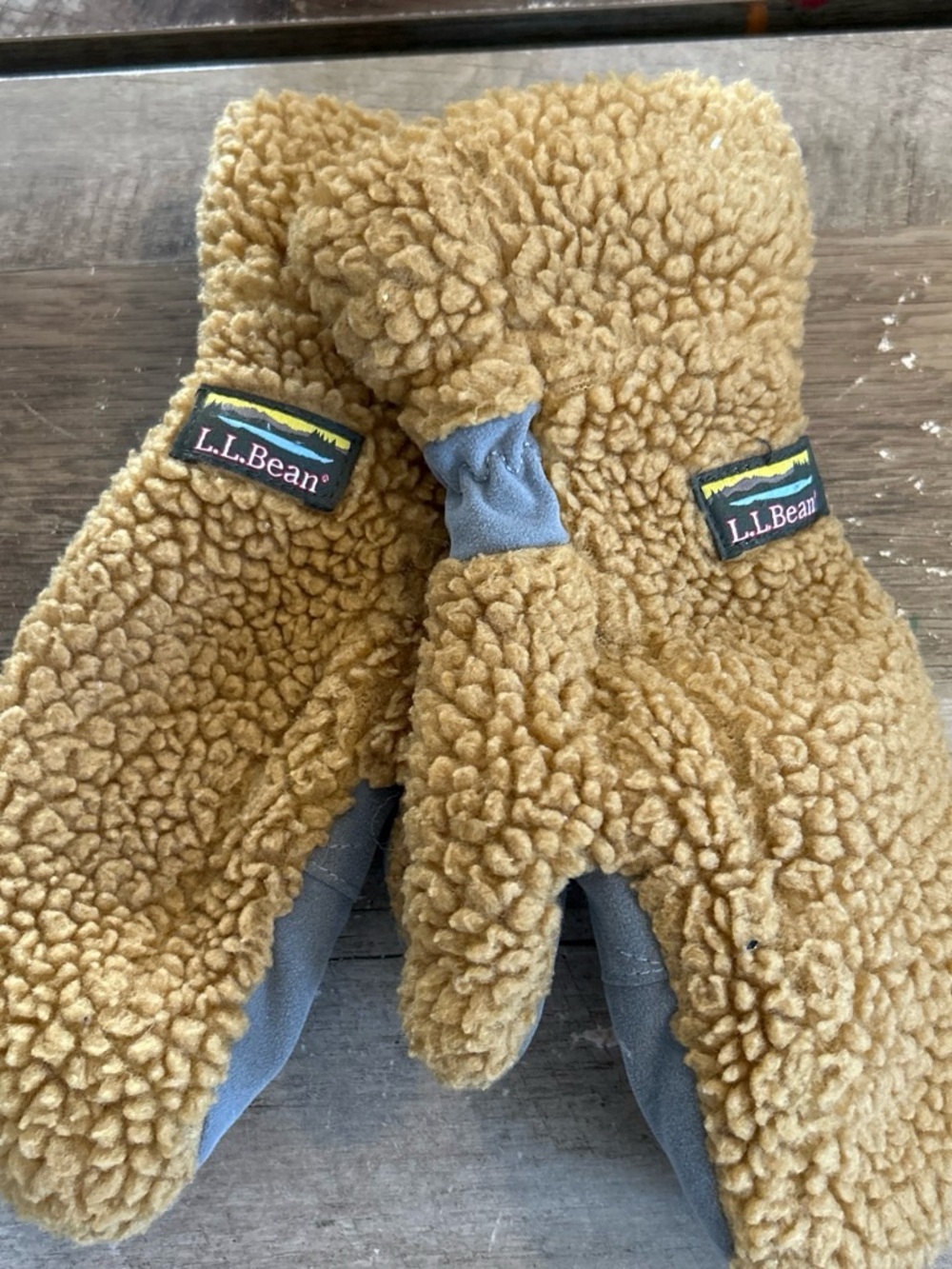 L.L. Bean Kids Sherpa Mittens in Camel with Gray Accents